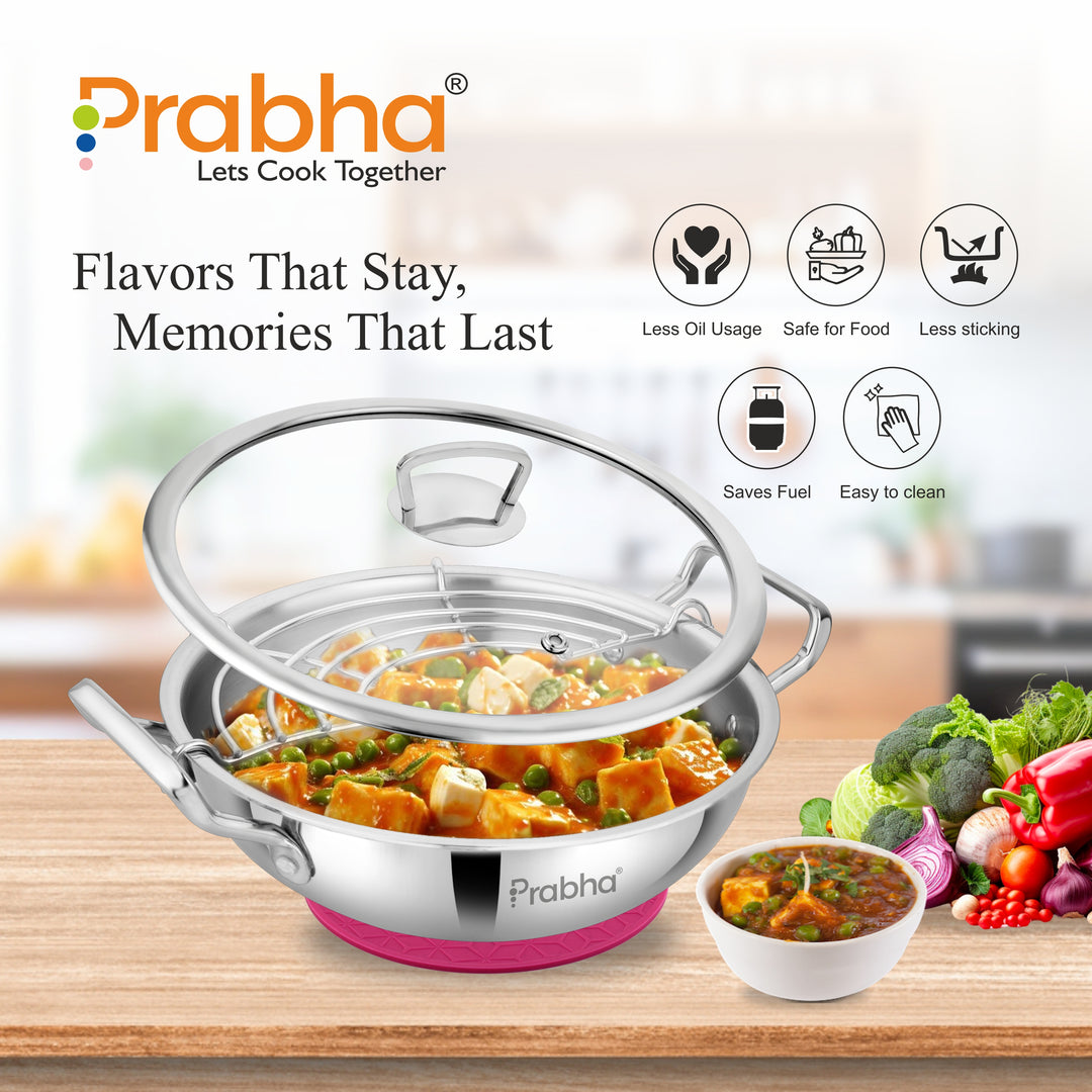 Stainless Steel Tri-Ply Elante Kadhai With Glass Lid