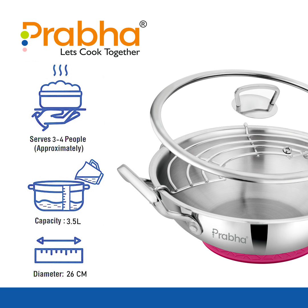 Stainless Steel Tri-Ply Elante Kadhai With Glass Lid