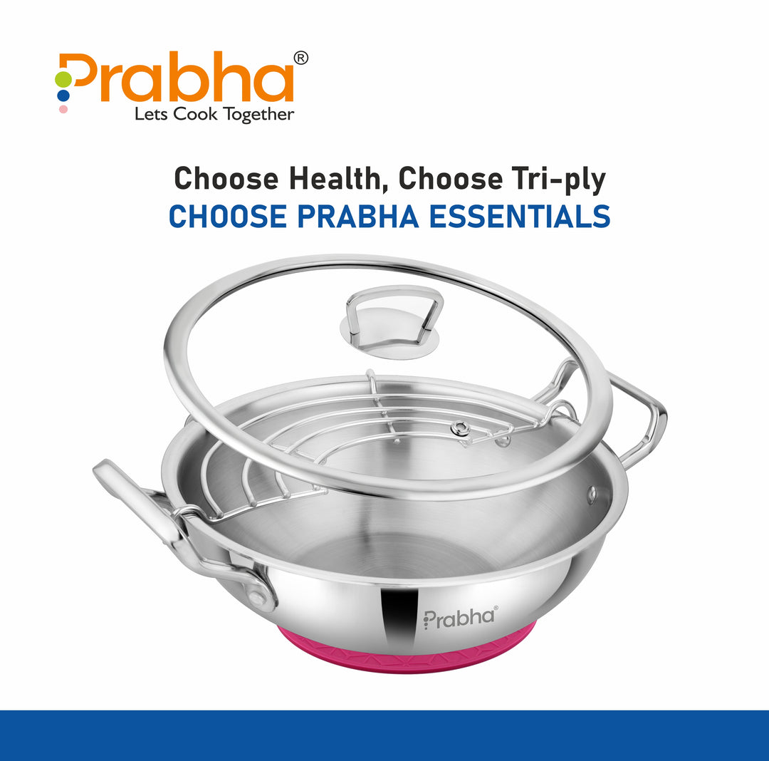 Stainless Steel Tri-Ply Elante Kadhai With Glass Lid