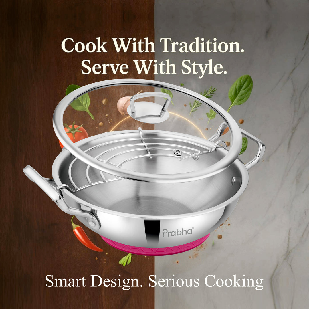Stainless Steel Tri-Ply Elante Kadhai With Glass Lid