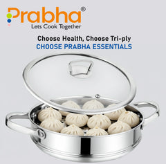 Elante Tri-Ply Kadhai & Steamer With Glass Lid