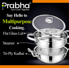 Elante Tri-Ply Kadhai & Steamer With Glass Lid