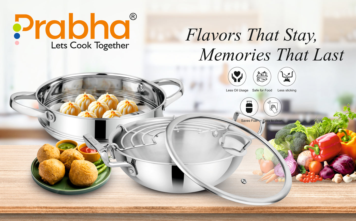 Elante Tri-Ply Kadhai & Steamer With Glass Lid