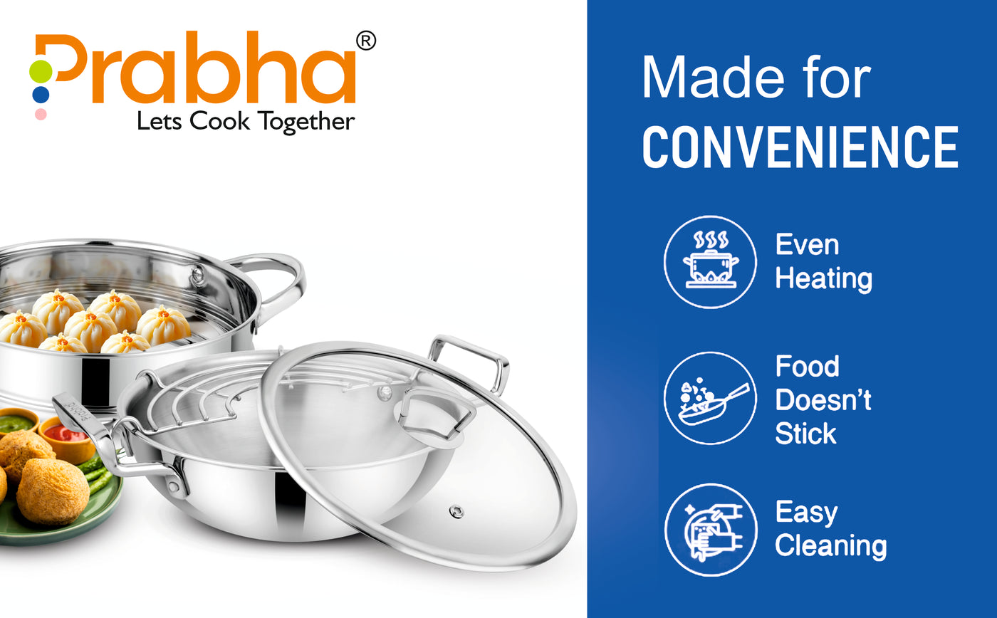 Elante Tri-Ply Kadhai & Steamer With Glass Lid