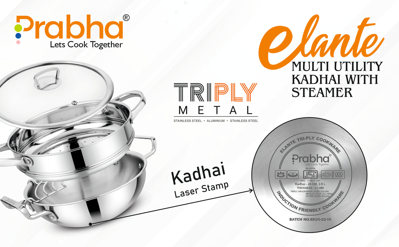 Elante Tri-Ply Kadhai & Steamer With Glass Lid