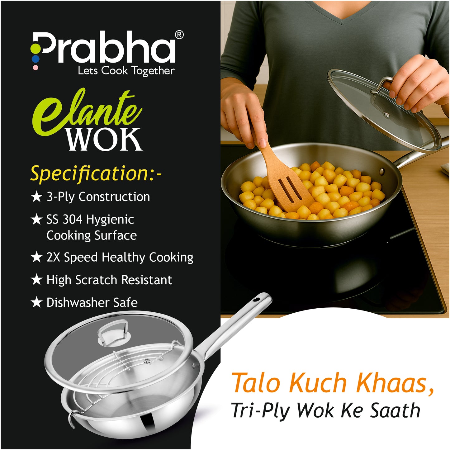 Elante Triply Wok With Glass Lid