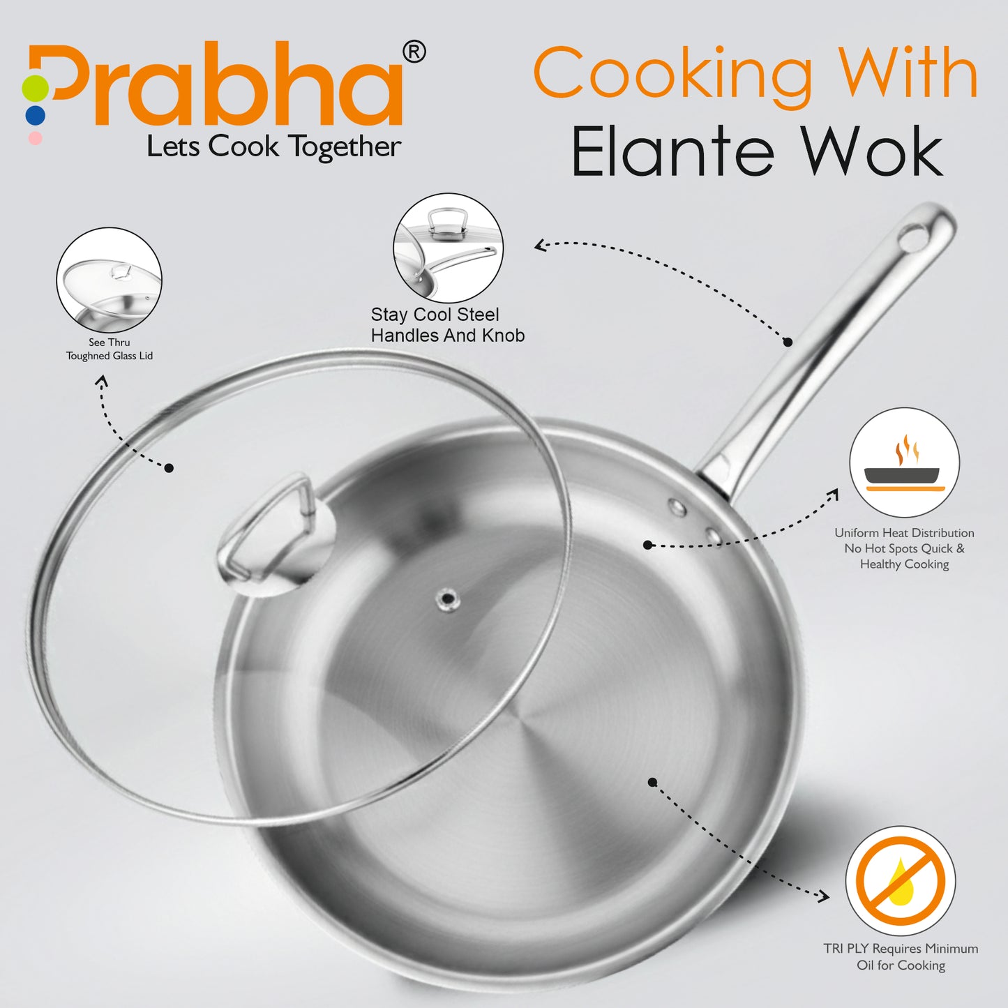 Elante Triply Wok With Glass Lid