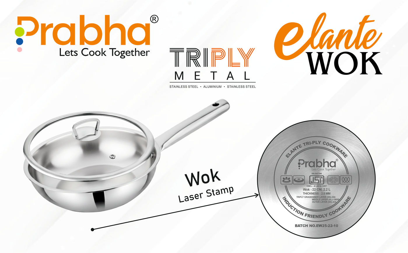 Elante Triply Wok With Glass Lid