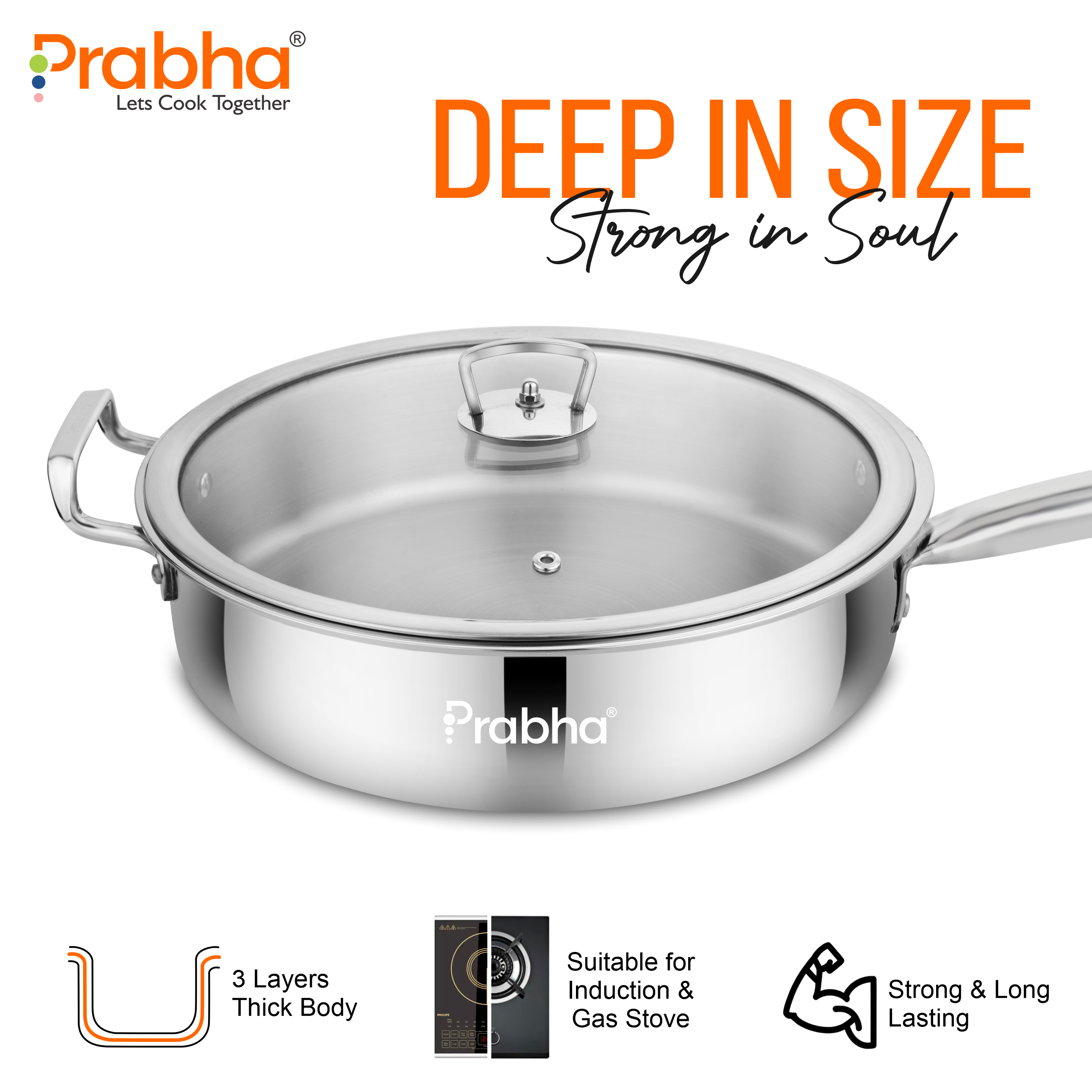 Elante Triply Deep Frypan With Glass Lid