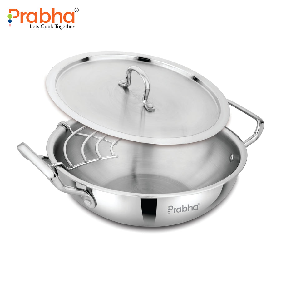Elante Tri-Ply Stainless Steel Kadhai with Lid & Built-In Oil Drainer