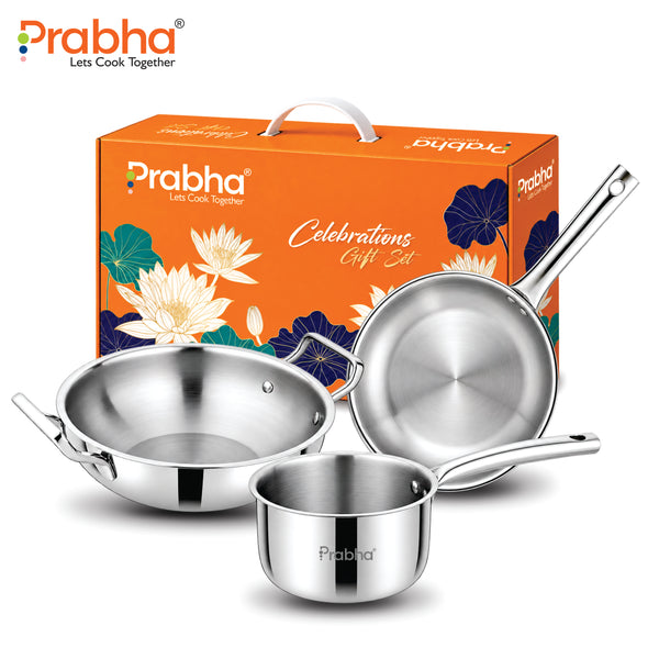 Tri-Ply Everyday Cookware Trio – Kadhai, Frypan & Saucepan | 3 Pcs
