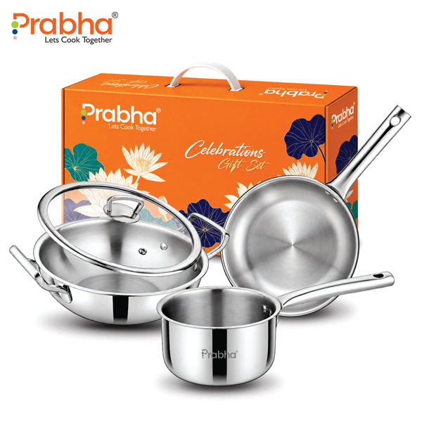 Tri-Ply Everyday Cookware Combo Set – Kadhai with Glass Lid, Frypan & Saucepan | 4 Pcs