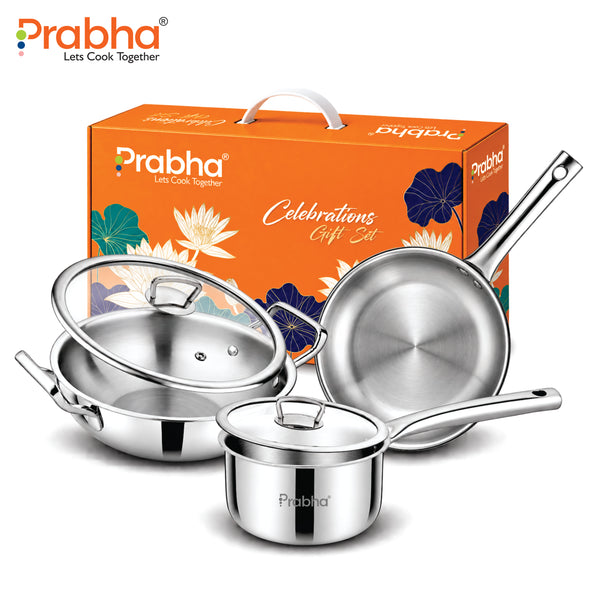 Tri-Ply Everyday Cookware Combo Set – Kadhai & Saucepan with Glass Lids, Frypan | 5 Pcs