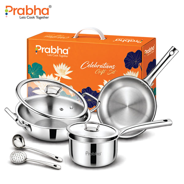 Tri-Ply Everyday Cookware Combo Set – Kadhai & Saucepan with Glass Lids, Frypan & 2 Kitchen Tools | 7 Pcs