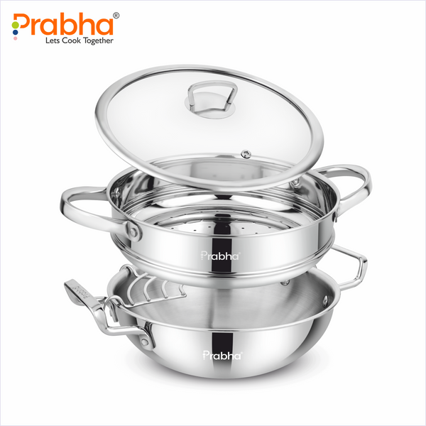 Elante Tri-Ply Kadhai & Steamer With Glass Lid
