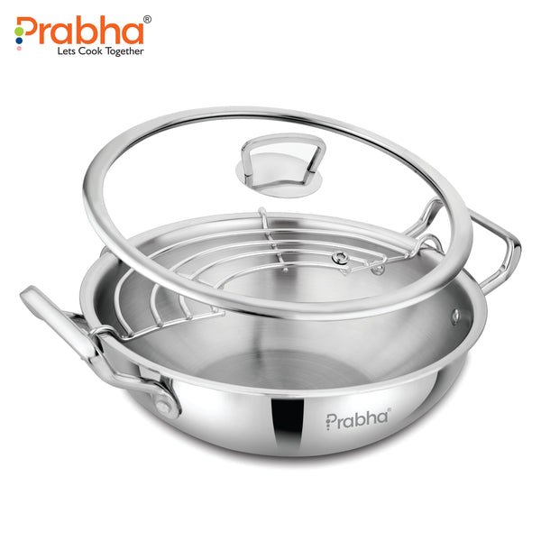 Elante Tri-Ply Kadhai With Glass Lid | With Oil Drainer
