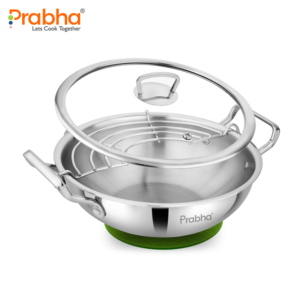Elante Tri-Ply Kadhai With Glass Lid | With Oil Drainer
