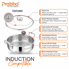 Elante Tri-Ply Riz Handi With Glass Lid | With Oil Drainer