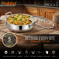 Elante Tri-Ply Riz Handi With Glass Lid | With Oil Drainer