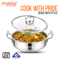 Elante Tri-Ply Riz Handi With Glass Lid | With Oil Drainer