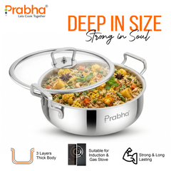 Elante Tri-Ply Riz Handi With Glass Lid | With Oil Drainer