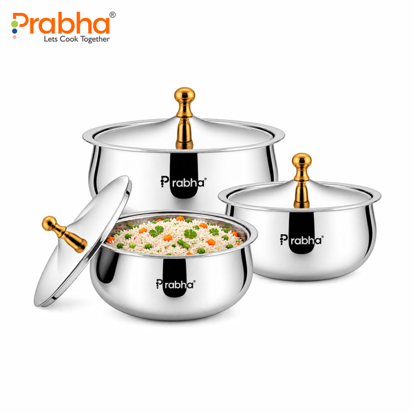 Florence Stainless Steel Hot Pot 3 Pcs / Double Walled Serving Casserole with PU Insulated Steel Lid