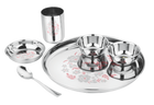 Prabha Stainless Steel Thali Set Bhojan Thali Set of Dinner Plate, Halwa Plate, Katori Bowl, Glass, Spoon for Family Home Restaurants Hotels Event & Parties (Plain)