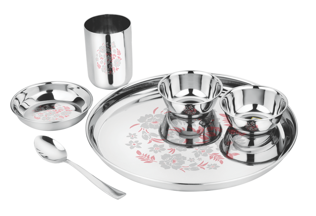 Prabha Stainless Steel Thali Set Bhojan Thali Set of Dinner Plate, Halwa Plate, Katori Bowl, Glass, Spoon for Family Home Restaurants Hotels Event & Parties (Plain)