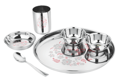 Prabha Stainless Steel Thali Set Bhojan Thali Set of Dinner Plate, Halwa Plate, Katori Bowl, Glass, Spoon for Family Home Restaurants Hotels Event & Parties (Plain)