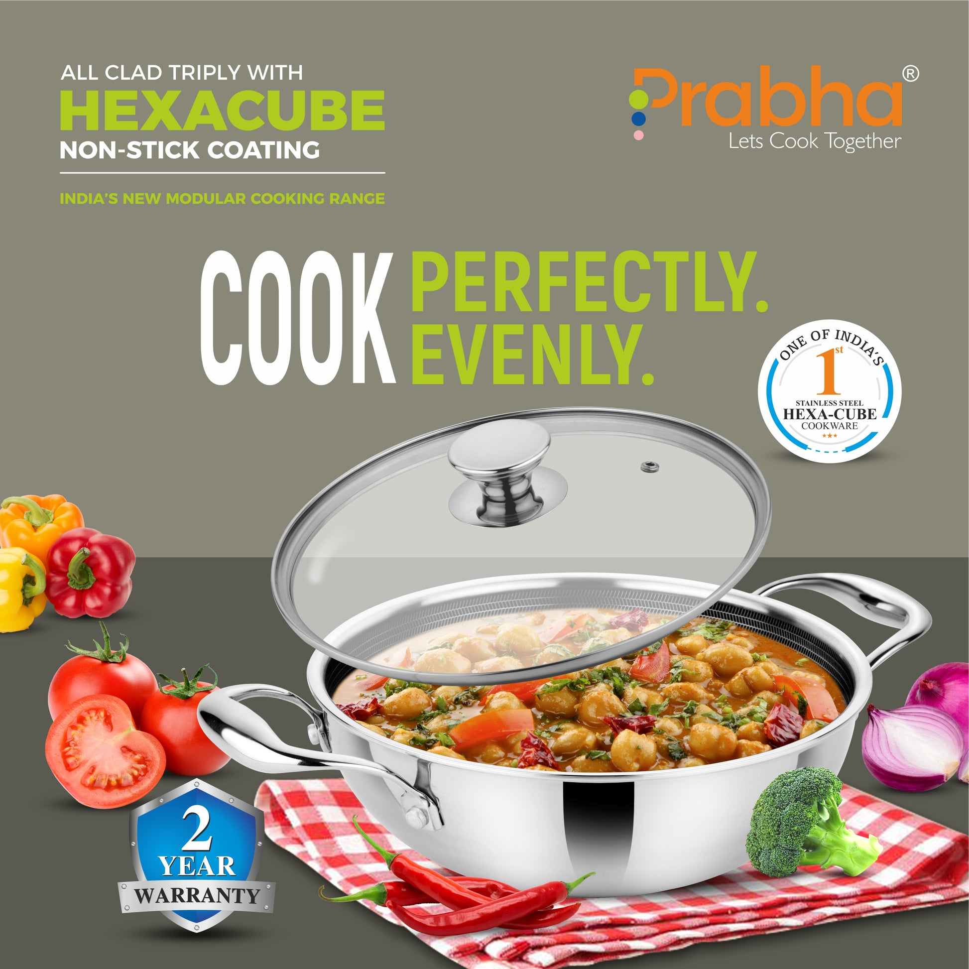 Tri-ply Hexa Cube Kadhai With Lid - Prabha