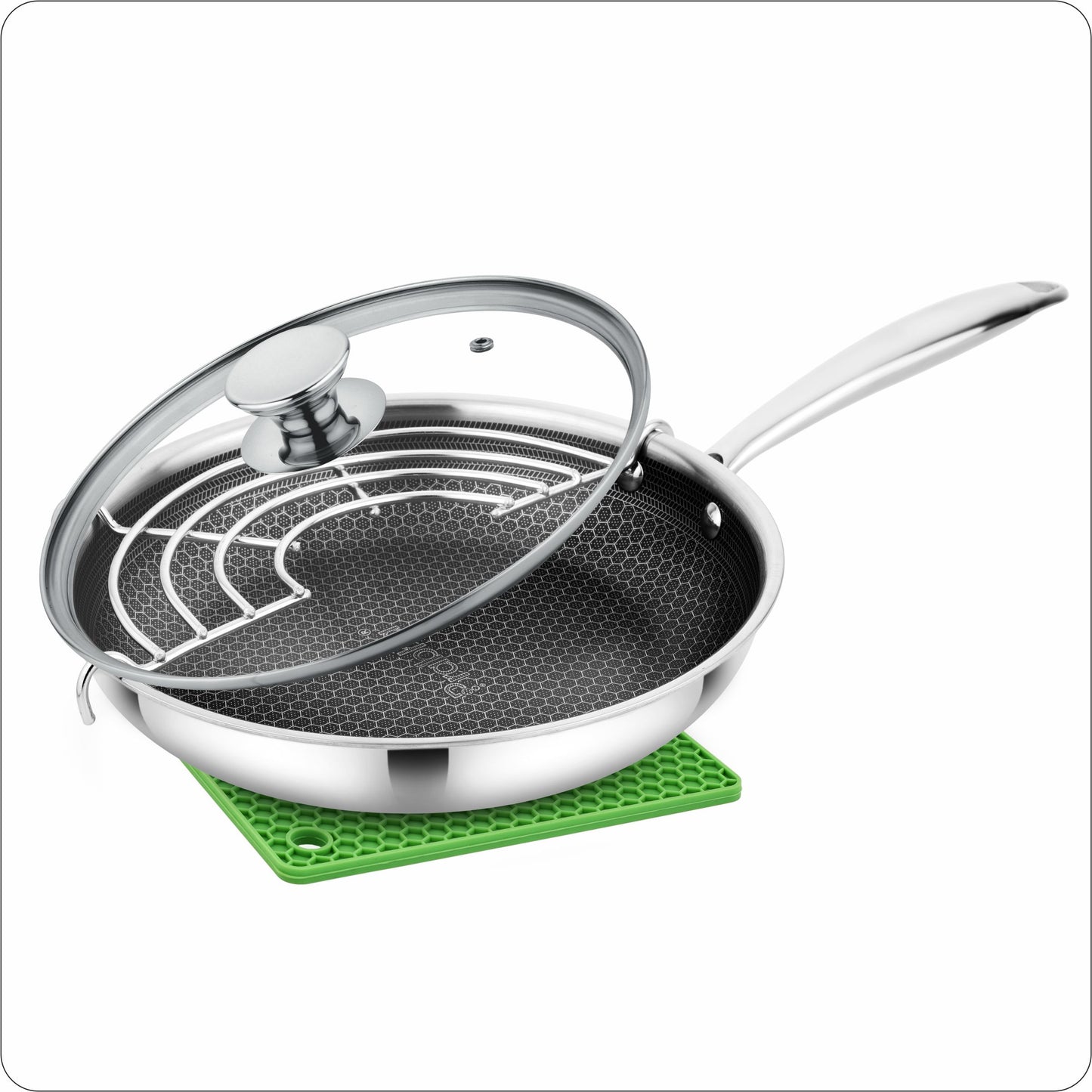 Tri-Ply Hexa Cube Stick-Resistant Frypan With Glass Lid & Oil Drainer