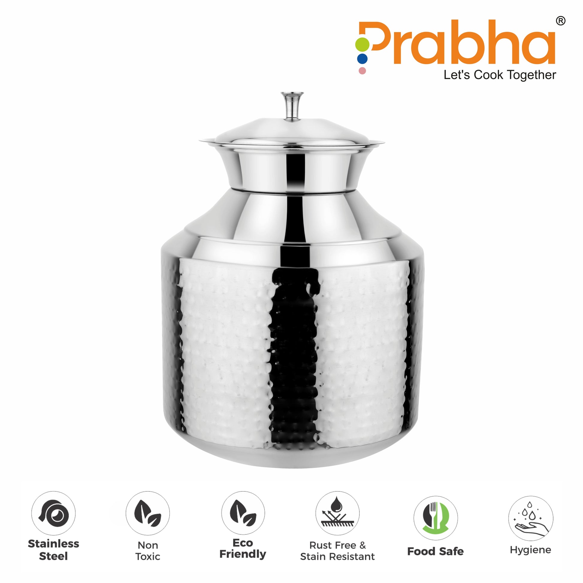 Stainless Steel Water Storing Maharaja Hammered Matki for Home & Kitchen (5 Litres) - Prabha