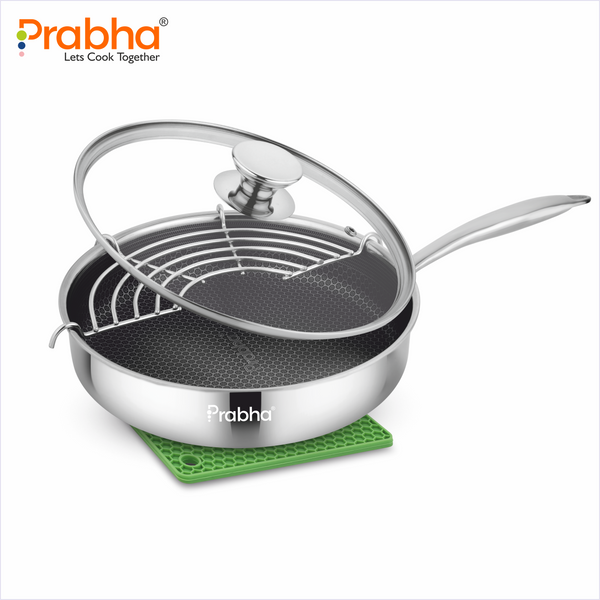 Tri-Ply Hexa Cube Stick-Resistant Deep Frypan With Glass Lid & Oil Drainer