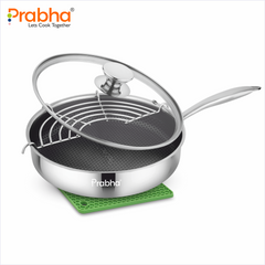 Tri-Ply Hexa Cube Stick-Resistant Deep Frypan With Glass Lid & Oil Drainer