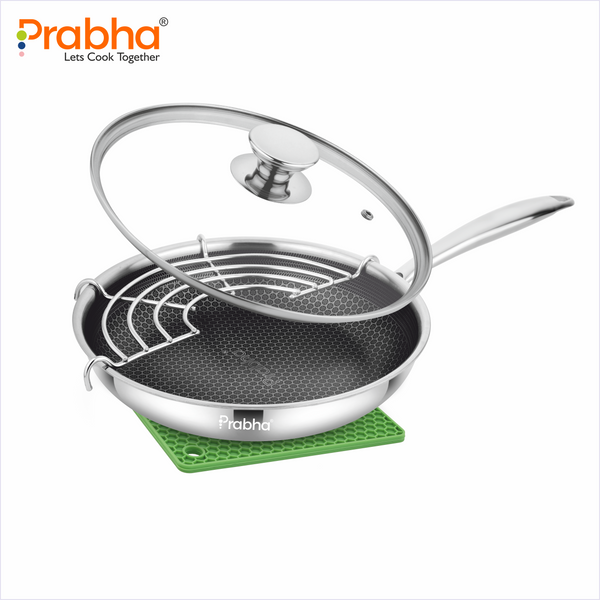 Tri-Ply Hexa Cube Stick-Resistant Frypan With Glass Lid & Oil Drainer