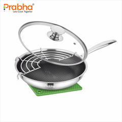 Tri-Ply Hexa Cube Stick-Resistant Frypan With Glass Lid & Oil Drainer