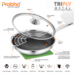 Tri-Ply Hexa Cube Stick-Resistant Frypan With Glass Lid & Oil Drainer