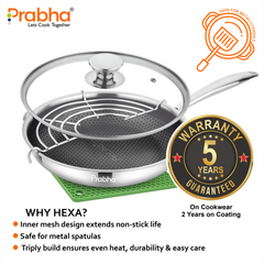 Tri-Ply Hexa Cube Stick-Resistant Frypan With Glass Lid & Oil Drainer