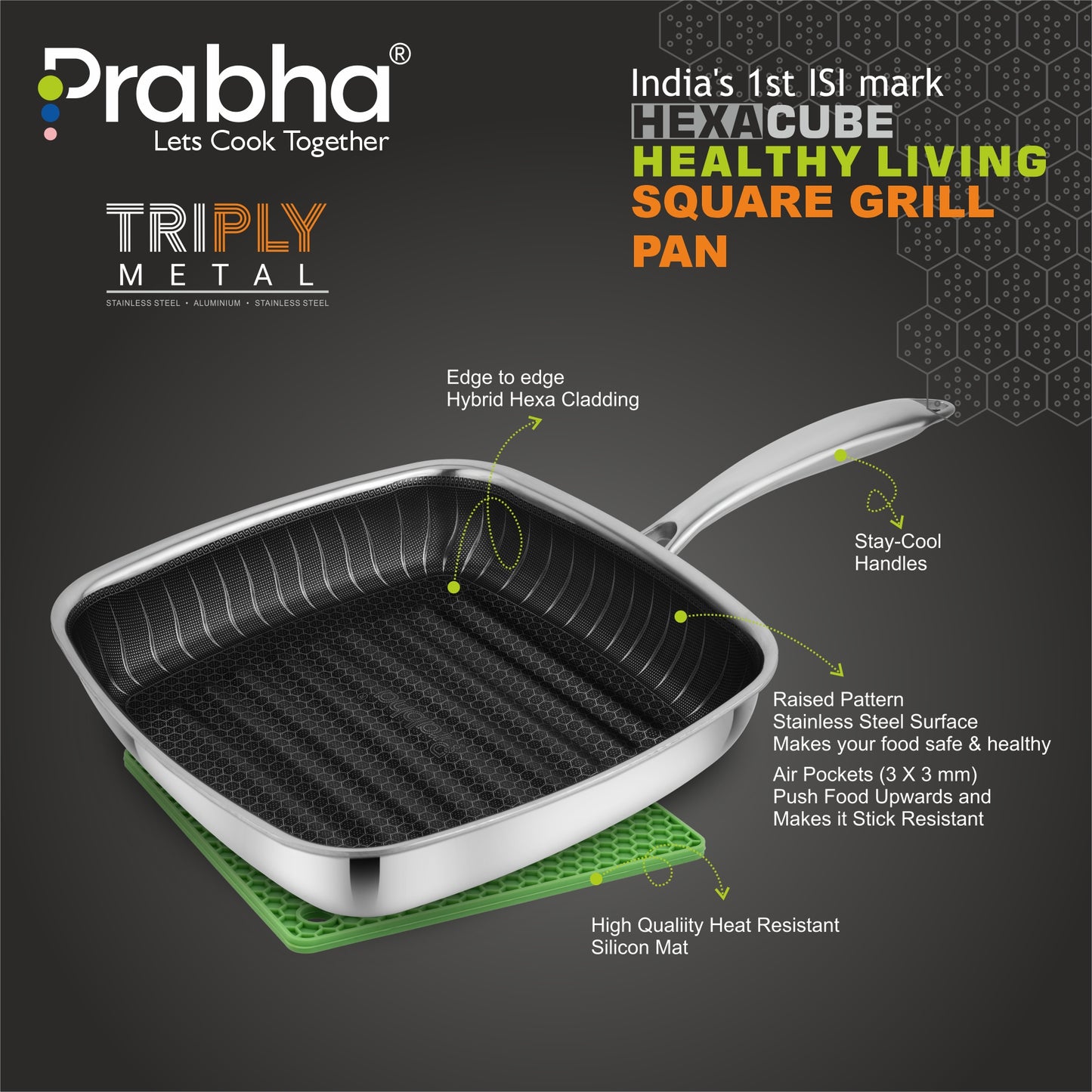 Tri-Ply Hexa Cube Square Grill Pan, 24cm