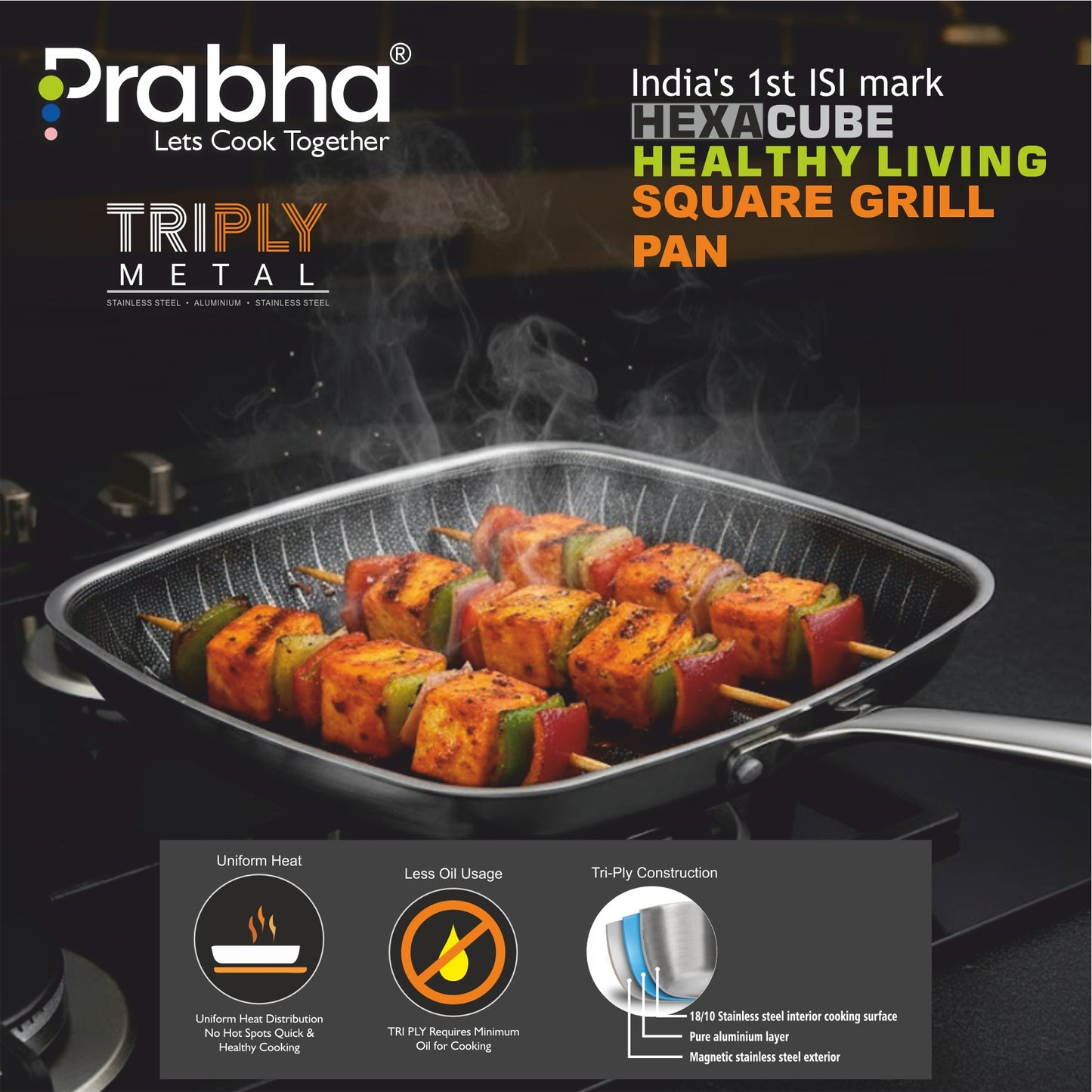 Tri-Ply Hexa Cube Square Grill Pan, 24cm