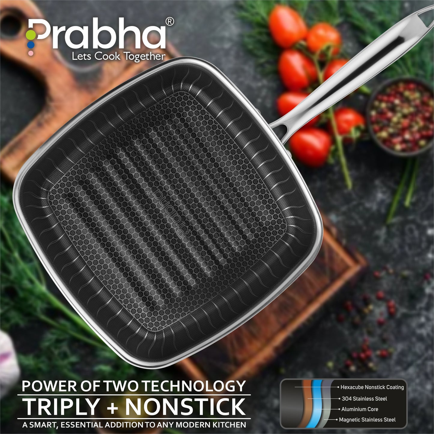 Tri-Ply Hexa Cube Square Grill Pan, 24cm