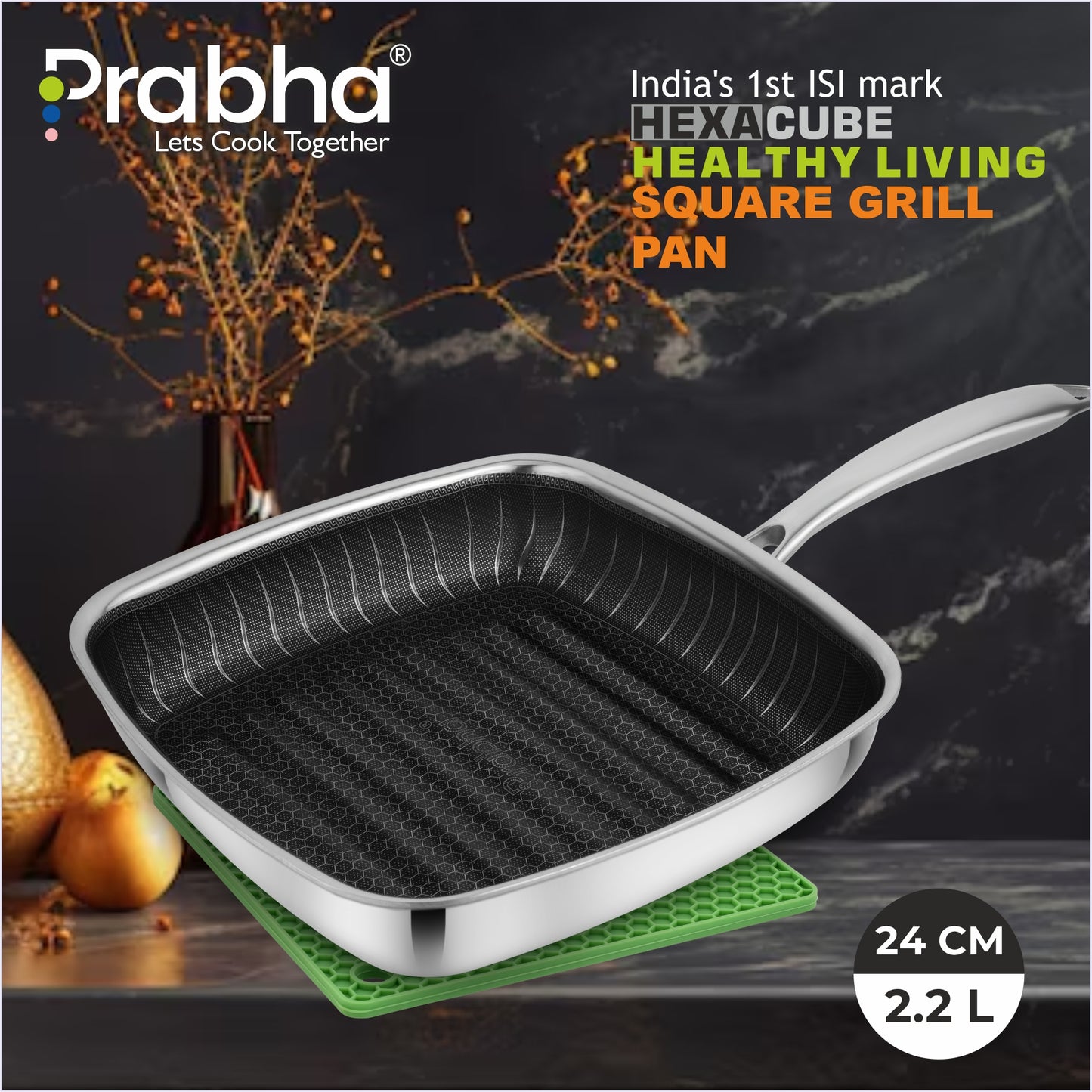 Tri-Ply Hexa Cube Square Grill Pan, 24cm