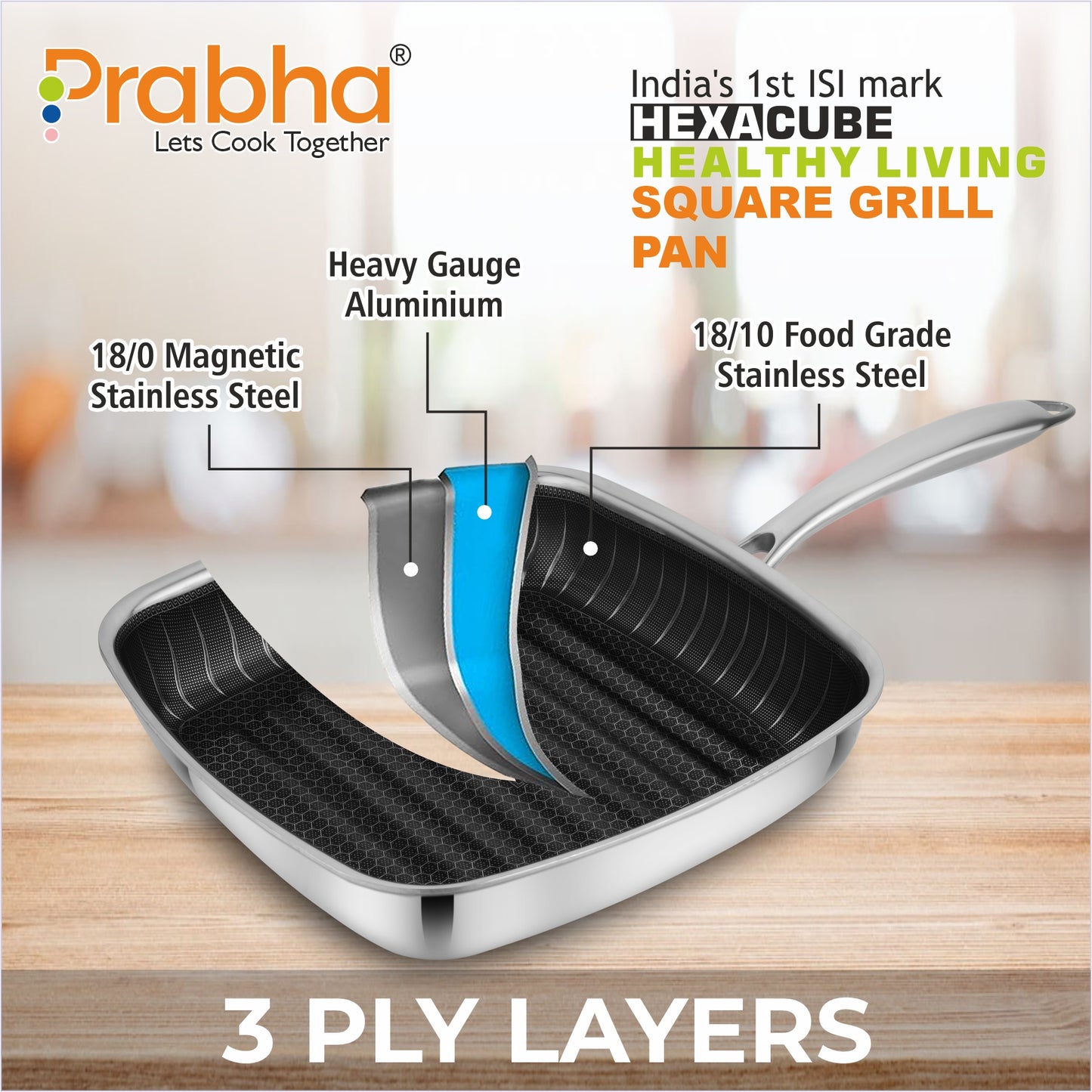 Tri-Ply Hexa Cube Square Grill Pan, 24cm