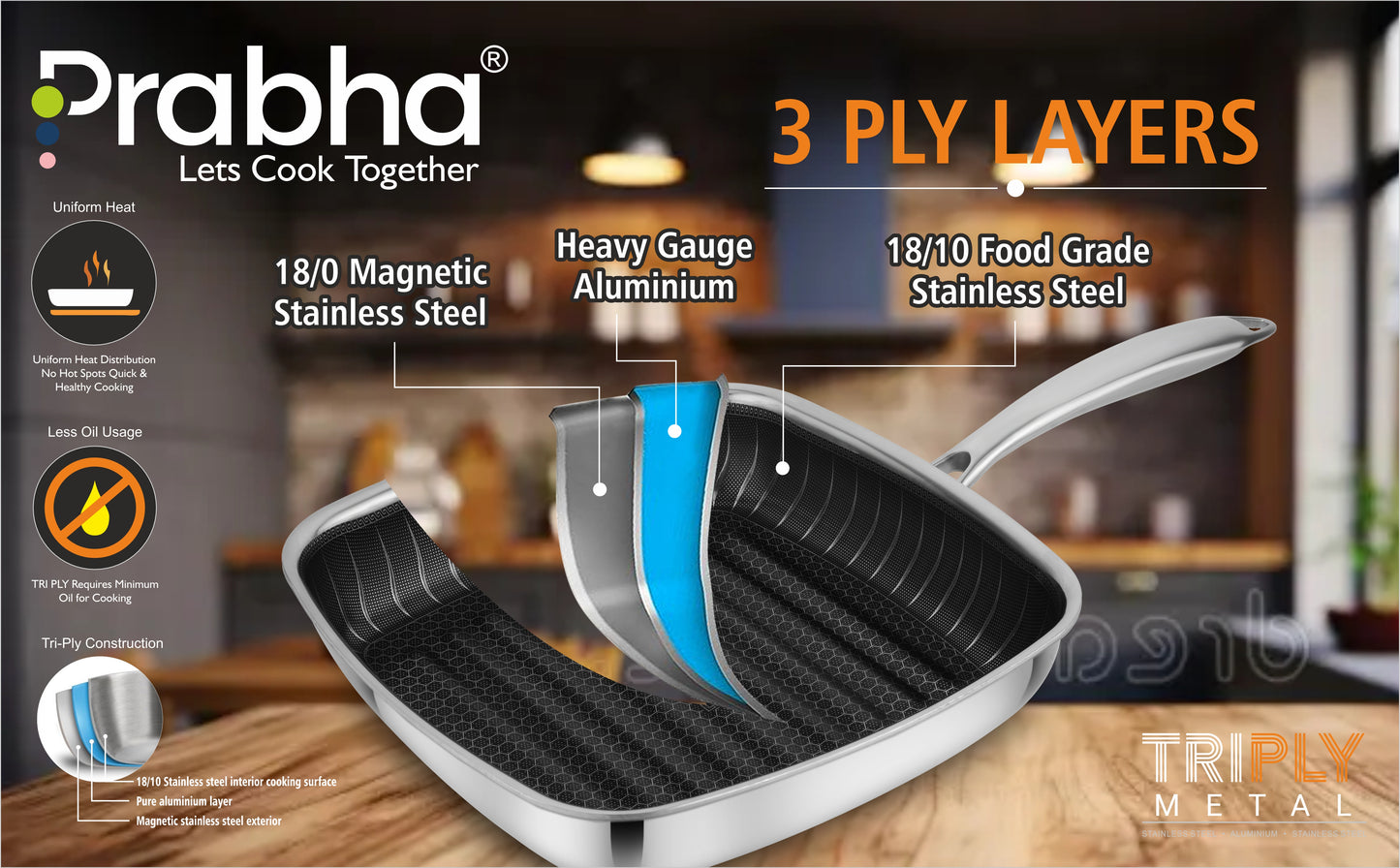 Tri-Ply Hexa Cube Square Grill Pan, 24cm