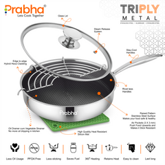 Tri-Ply Hexa Cube Stick-Resistant Deep Frypan With Glass Lid & Oil Drainer