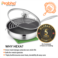 Tri-Ply Hexa Cube Stick-Resistant Deep Frypan With Glass Lid & Oil Drainer