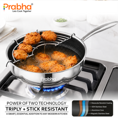 Tri-Ply Hexa Cube Stick-Resistant Deep Frypan With Glass Lid & Oil Drainer