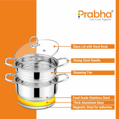 Stainless Steel Induction Base Steamer With Transparent Glass Lid, 2 Tier