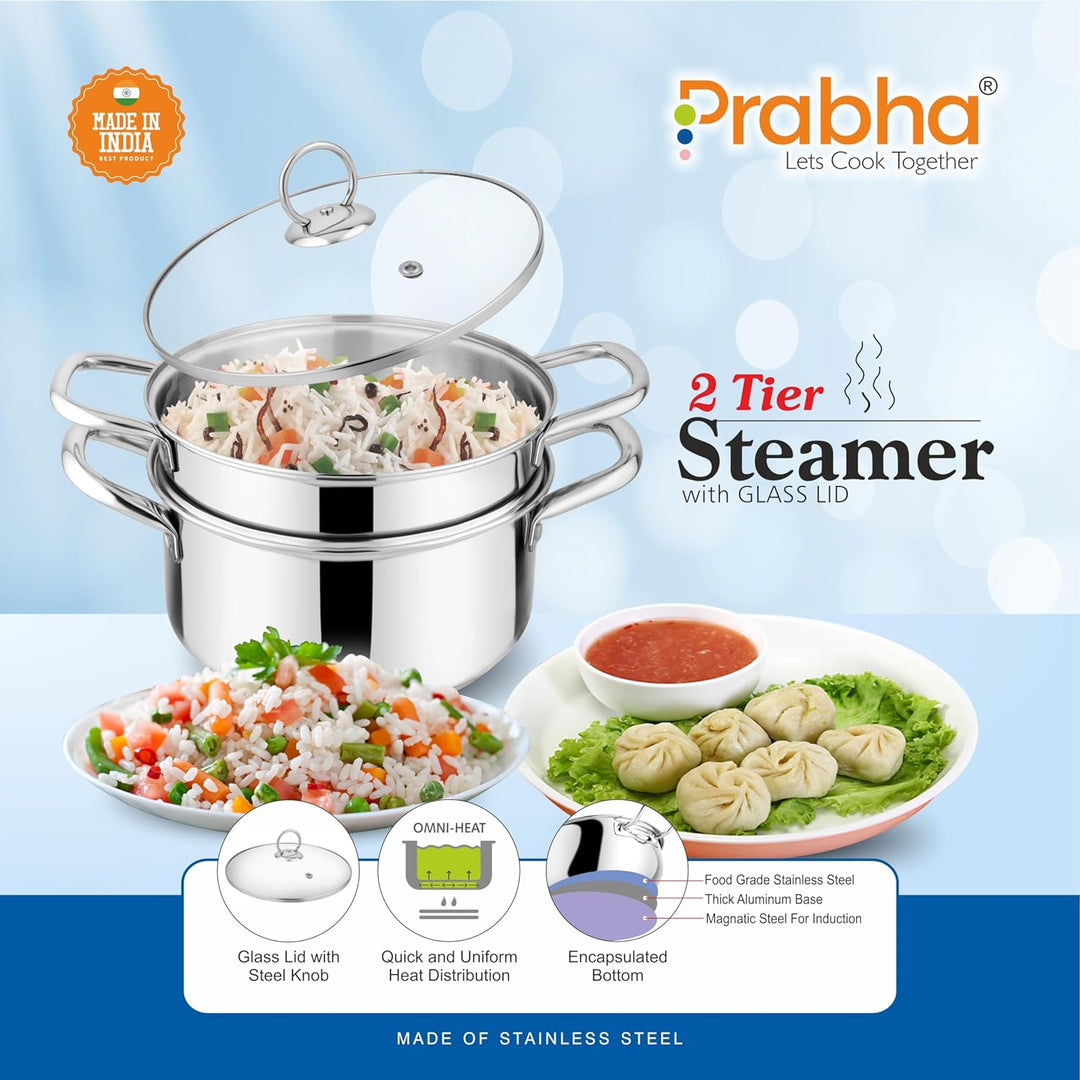 Stainless Steel Induction Base Steamer With Transparent Glass Lid, 2 Tier