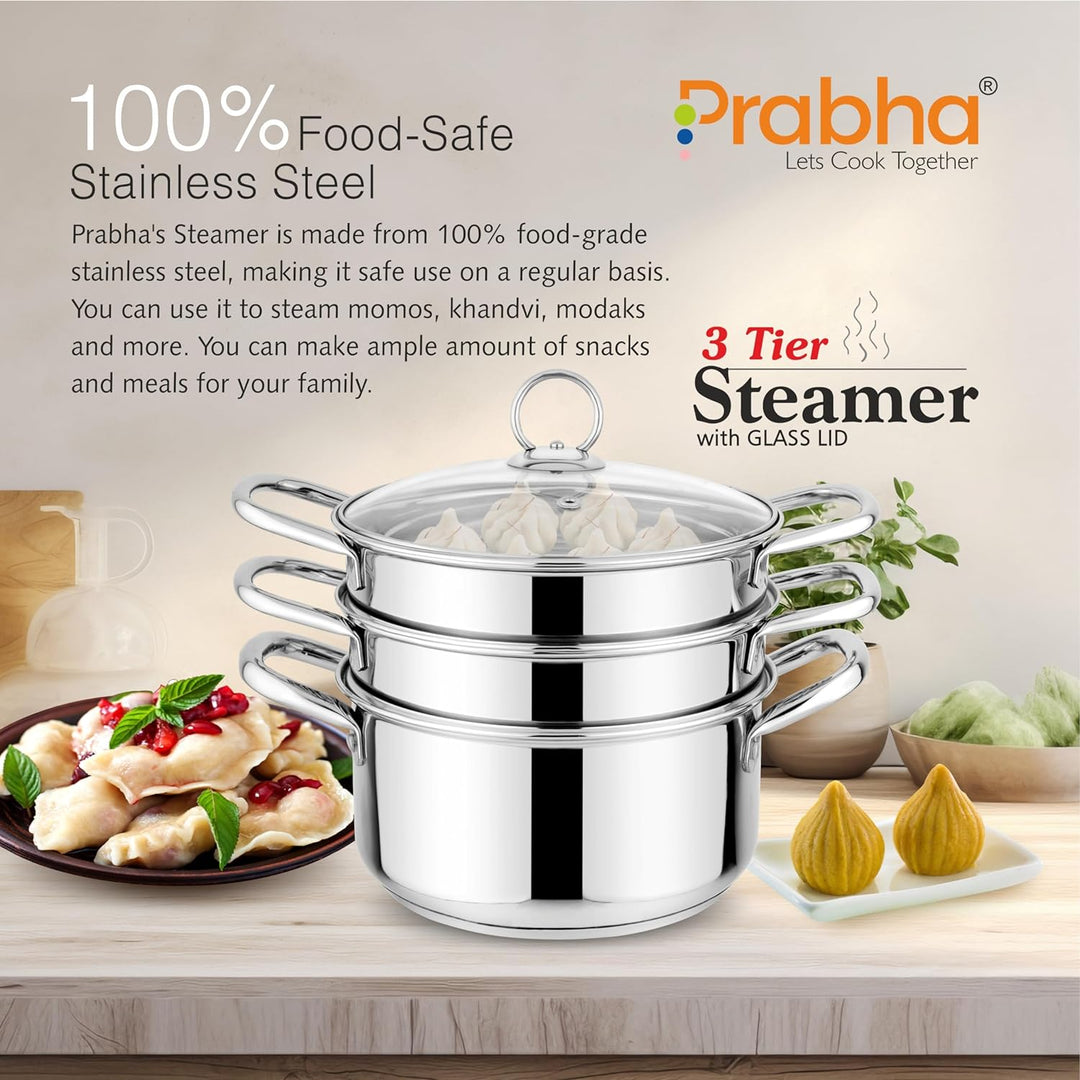 Stainless Steel Induction Base Steamer With Transparent Glass Lid, 3 Tier